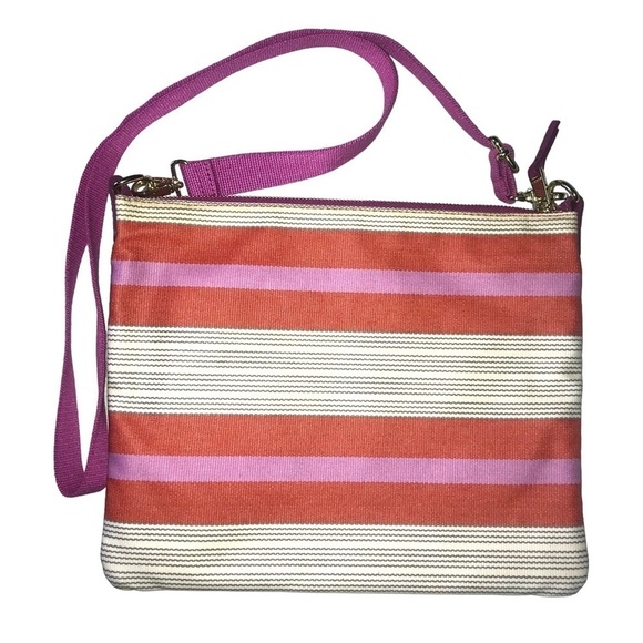 FOSSIL Coated Canvas Zip Top Crossbody Shoulder Bag Pink & Orange Stripe - Picture 2 of 5